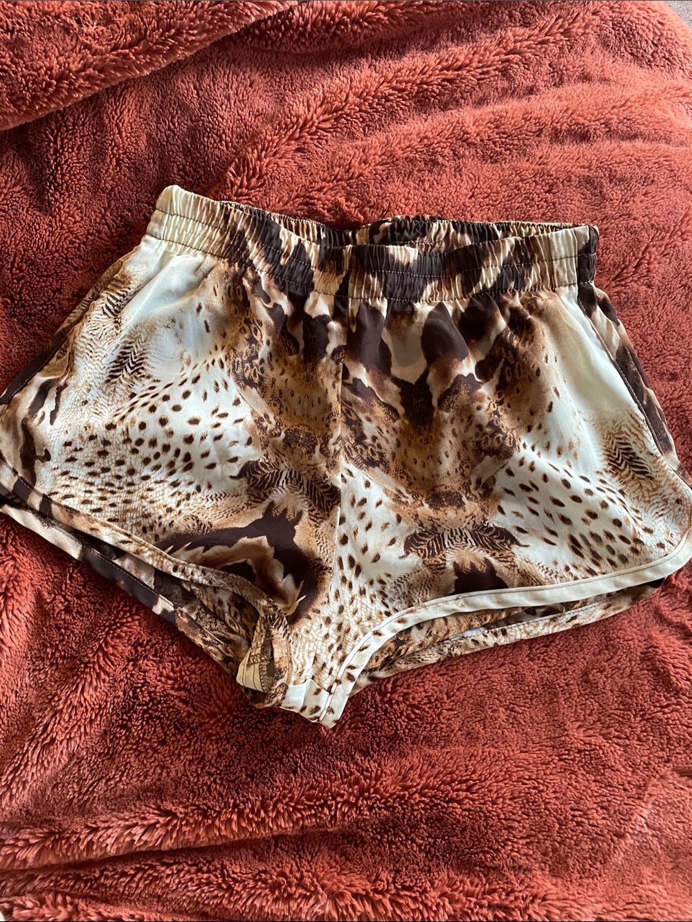 Show me your Miu Miu Brown and Cream Animal Print Silk Shorts snake skin pattern